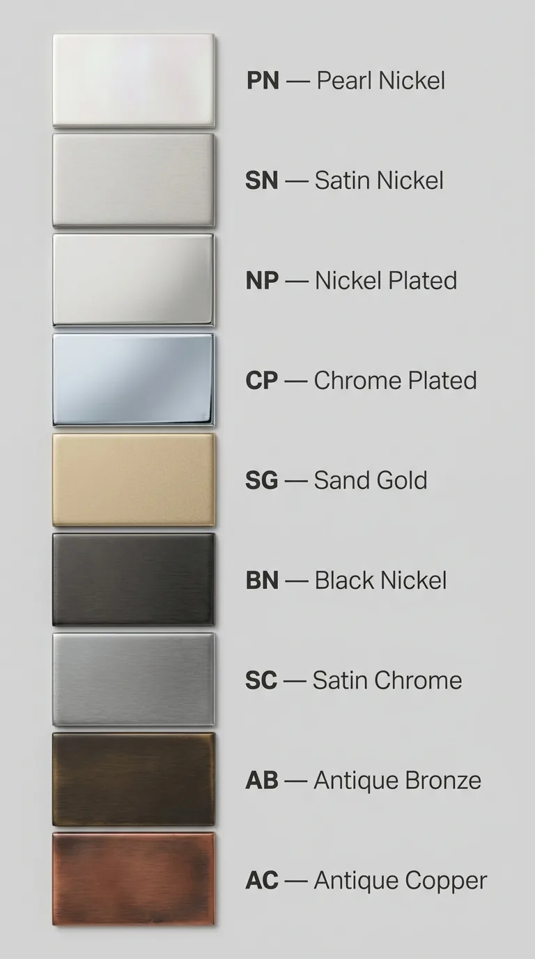 xHinge finish board: PN Pearl Nickel, SN Satin Nickel, NP Nickel Plated, CP Chrome Plated, SG Sand Gold, BN Black Nickel, SC Satin Chrome, AB Antique Bronze, AC Antique Copper